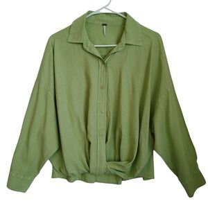 YFB Shirt Blouse Linen Blend Long Sleeve Spring Green Twist Front Womens Medium